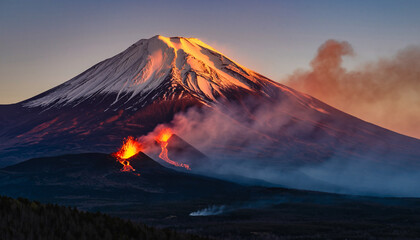 A breathtaking scene of nature's raw power as a snow-capped majestic peak overlooks a fiery volcanic eruption, with molten lava flowing amidst dramatic smoke plumes under a vibrant twilight sky