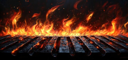 Close-up view of bright orange flames and smoldering charcoal on a barbecue grill with embers glowing intensely