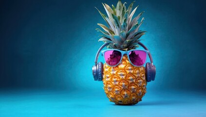 Fresh pineapple wearing reflective purple sunglasses and black headphones against a blue gradient background, creating a fun and quirky vibe