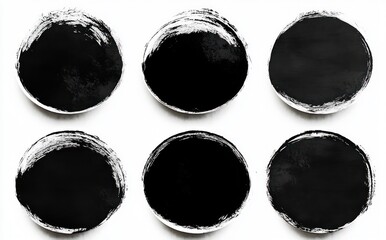 Six black circular brush strokes with uneven white edges arranged in two rows on a white background, evoking minimalism and ink art