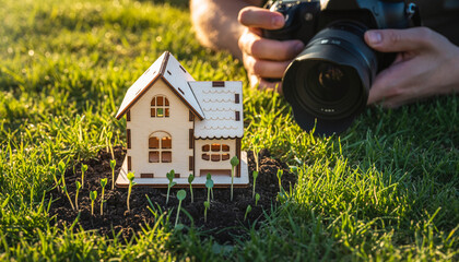 Tiny wooden house model nestled amongst sprouting seedlings in lush green grass, with a photographer capturing the scene