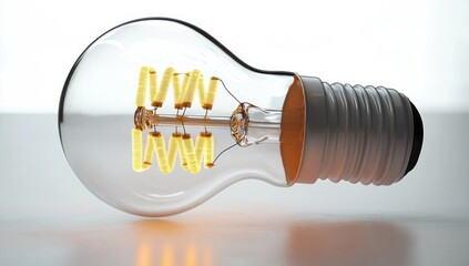 Close-up of a glowing vintage-style filament light bulb lying on a smooth surface with warm yellow light inside a transparent glass bulb