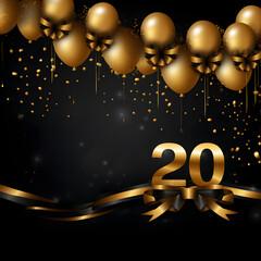 
22 2020 gold balloonsHappy New Year greeting banner with golden and silver gray flying 3d round spheres on a light background and the textured gold number 2020. Trendy design template for card, poste
