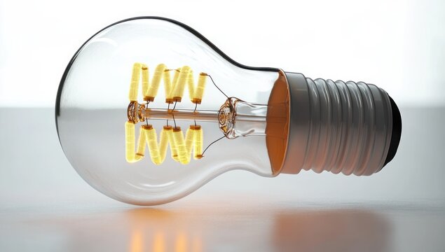 Close-up of a glowing vintage-style filament light bulb lying on a smooth surface with warm yellow light inside a transparent glass bulb