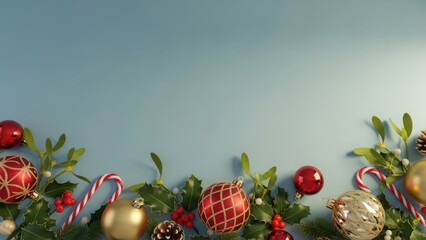 Festive christmas decorations border with ornaments and candy canes on blue background