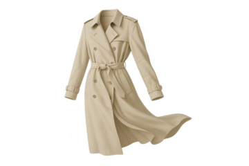 Beige trench coat with double-breasted design and belted waistline, classic outerwear style, flowing fabric