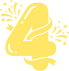 Yellow spring gradient number 4 digit with ribbon and confetti