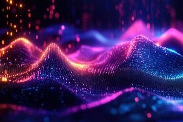 Colorful abstract digital landscape with glowing neon waveforms and dynamic light particles creating a futuristic and vibrant atmosphere