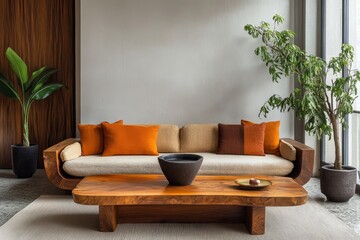 Stylish home living room interior with a sofa and dining table, set against a blank wall for customizable decor or branding, Generative AI