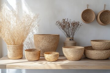 Stylish home living room interior with a sofa and dining table, set against a blank wall for customizable decor or branding, Generative AI