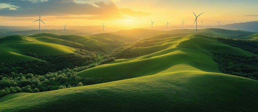 Sunset over rolling green hills dotted with numerous wind turbines generating clean energy in a peaceful natural landscape