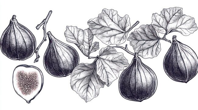 Detailed black and white botanical illustration of ripe figs with fig leaves and one fig fruit cut open showing its inner texture