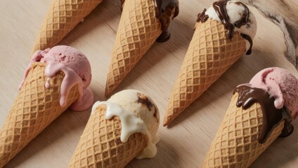 Assortment of Delicious Ice Cream Cones with Toppings.