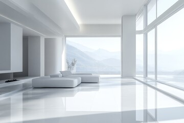 White home living room interior with a rest and dining zone, complemented by a window and mockup wall for customizable design elements, Generative AI