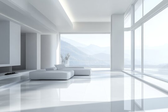 White home living room interior with a rest and dining zone, complemented by a window and mockup wall for customizable design elements, Generative AI