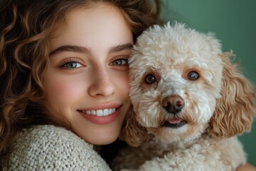 joyful young woman with curly hair smiling closely beside her fluffy cream-colored dog showing affection and warmth