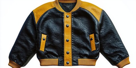 black leather bomber jacket with mustard yellow accents and snap buttons laid flat on white background