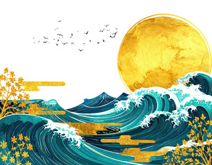Obraz premium Artistic depiction with a gold moon rising over teal waves and golden accents