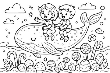 Cute Children Riding Happy Whale in Ocean with Fish and Flowers Coloring Page for Kids Fantasy Adventure Printable Line Art