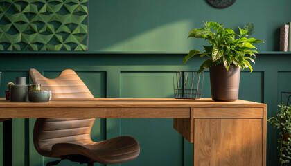 Stylish home office interior design featuring a sleek wooden desk, ergonomic chair, and vibrant potted plant against a calming green textured wall, creating a productive and serene workspace