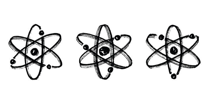 Set of hand drawn atom sign Molecule clipart in doodle style Symbol of science, education, nuclear energy, scientific research, molecular chemistry Single element for print, web, design