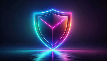 Cybersecurity shield emblem glowing with vibrant neon lights on a dark background, representing protection and digital safety