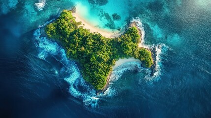 aerial view of a small, lush green tropical island surrounded by clear turquoise and deep blue ocean waters with white sandy beaches and waves crashing along the rocky shoreline