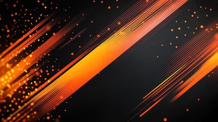 Abstract digital art featuring dynamic diagonal streaks and dots in bright orange and yellow on a dark black background creating a sense of speed and energy