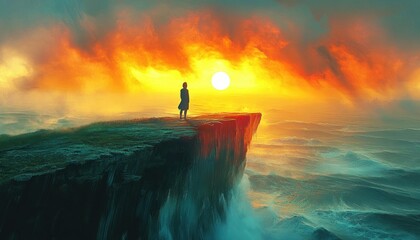 A solitary figure stands on the edge of a grassy cliff overlooking a turbulent ocean beneath a fiery, dramatic sunset sky