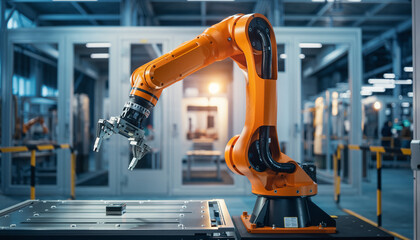 Advanced Orange Robotic Arm in a Modern Manufacturing Facility