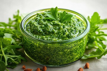Fresh vibrant green pesto sauce in a glass bowl garnished with parsley leaves surrounded by fresh arugula leaves on a light surface