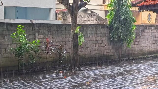 Heavy rain creates ripples of water on the wet cobblestone streets of a quiet residential neighborhood.