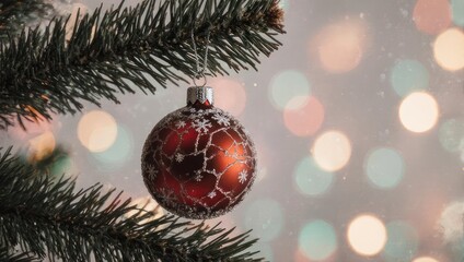 Red Christmas Ornament Hanging on a Green Fir Tree Branch with Bokeh Lights.
