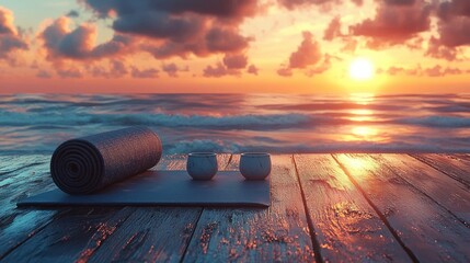 Rolled yoga mat and two cups on a wooden deck by the ocean during a vibrant sunset with colorful clouds reflecting on the water and deck