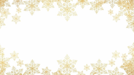 Golden snowflake ornate border design on white background for winter celebration or Christmas card
