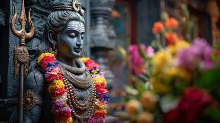 Obraz premium A lord shiva statue with trident adorned with floral garlands in a traditional hindu temple setting