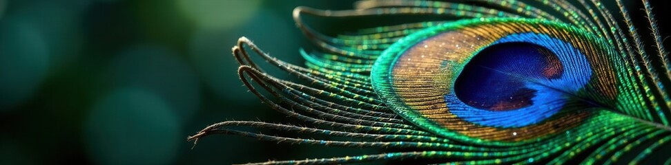 Obraz premium Intricate peacock feather, iridescent blues, greens, and browns , wildlife, avian, peacock feather