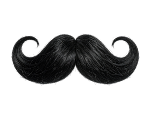 Close-up of black, curly mustache, isolated on black background, perfect for comedic use