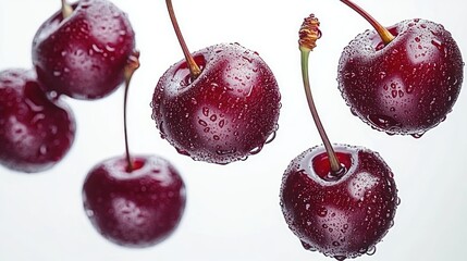 Close-up of fresh red cherries with water droplets on a white background creating a fresh and juicy visual impression
