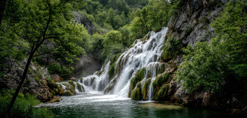 Fototapeta premium A majestic waterfall cascading down rocky verdant hills into a serene pool of water, lush greenery