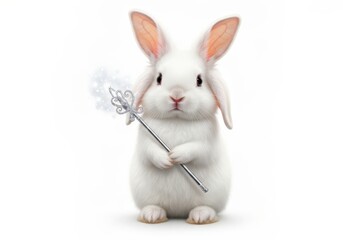 Obraz premium Cute white rabbit holding a magic wand with sparkles on a bright background