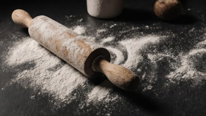 Wooden rolling pin covered in flour on a dark surface with scattered flour.