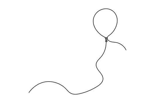 Continuous line drawing of an isolated helium party balloon with a long wavy string, minimalist vector art on white.