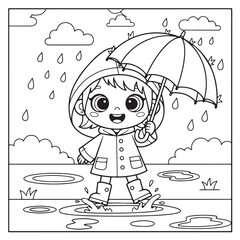 Adorable little girl joyfully splashes in puddles with her umbrella on a rainy day, a delightful coloring page illustration for kids and families