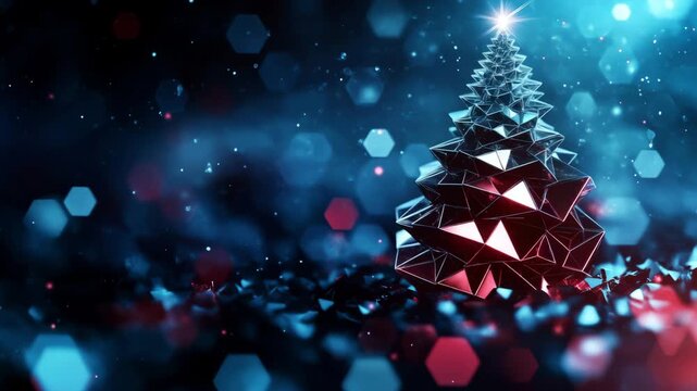 Futuristic christmas tree glowing with red and blue light and bokeh, copy space