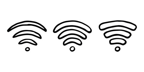 Set of hand drawn free wifi spot zone sign Public wi-fi area sign Wireless internet clipart in doodle style Single element for print, web, design, decor 3G, 4G, 5G, 6G, IoT