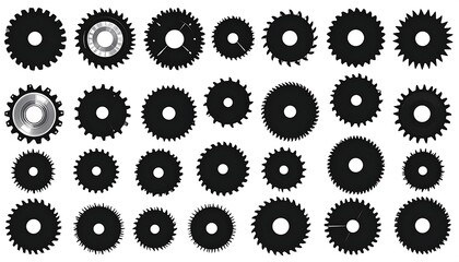 Collection of Black Gear Icons on White Background.