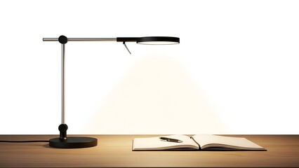 Desk lamp illuminates open book and pen on wooden surface, white background