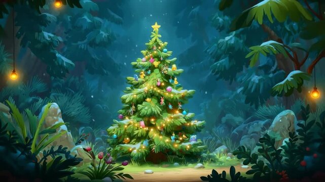 Decorated christmas tree illuminating a dark winter forest at night