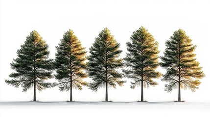 Five evenly spaced pine trees with sunlight illuminating their branches against a bright white background and snow-covered ground